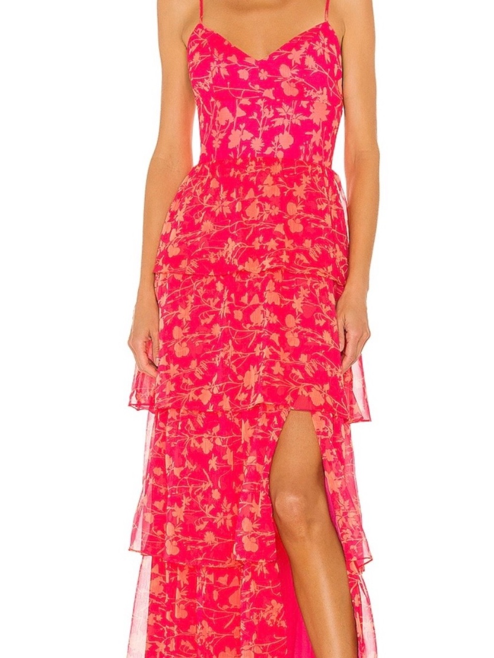 Amanda Uprichard Floral Tiered V-Neck Maxi Dress in Hot Pink - Worn Once